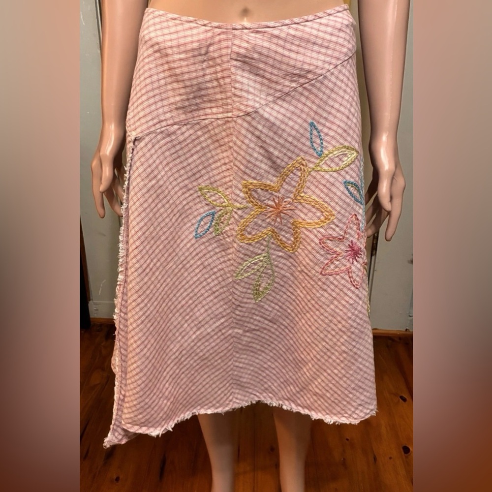 J Jill 100% Linen Asymmetrical Embroidered Skirt Women's 10P Pink Plaid Boho